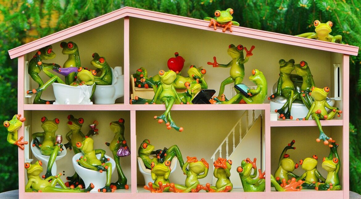 frogs, fun, house, residents, shared apartment, nature, reside, cute, animal, figure, frog, beautiful, room, living room, doll's house, children, green frog, decoration, community, collectively, together, neighbors, peaceful, peace